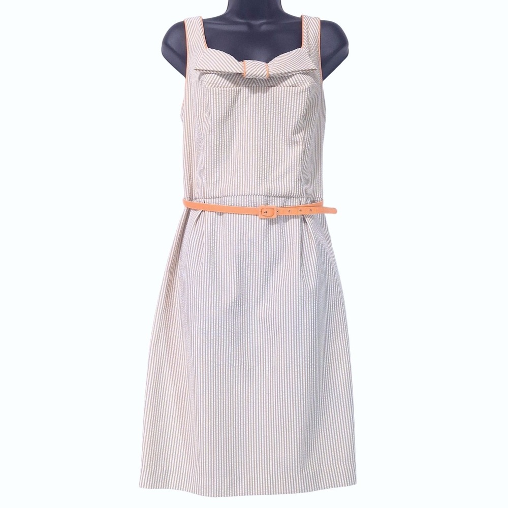 London Style Stripe‎ Sheath Dress 14 Tan Seersucker Bow Belted Southern Retro